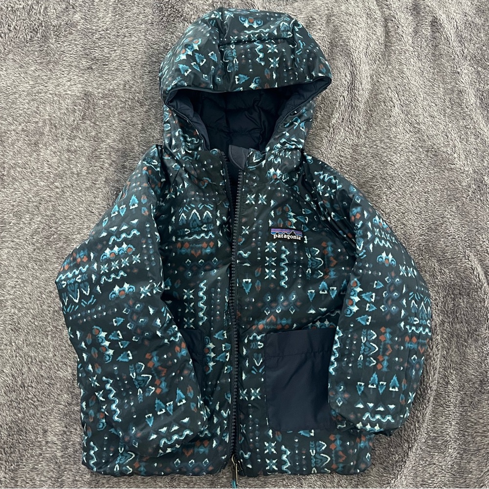 Patagonia Kids Puffer Jacket in Black with Teal & Brown Pattern